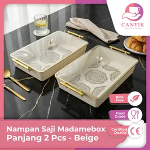 Nampan Saji Kue Madamebox 6000 ml dengan Tutup Kristal & Handle Emas Tray Estetik Warna Beige Elegan untuk Lebaran Natal Imlek Hidangan Tamu Kue Buah Snack Paket 2 Pcs