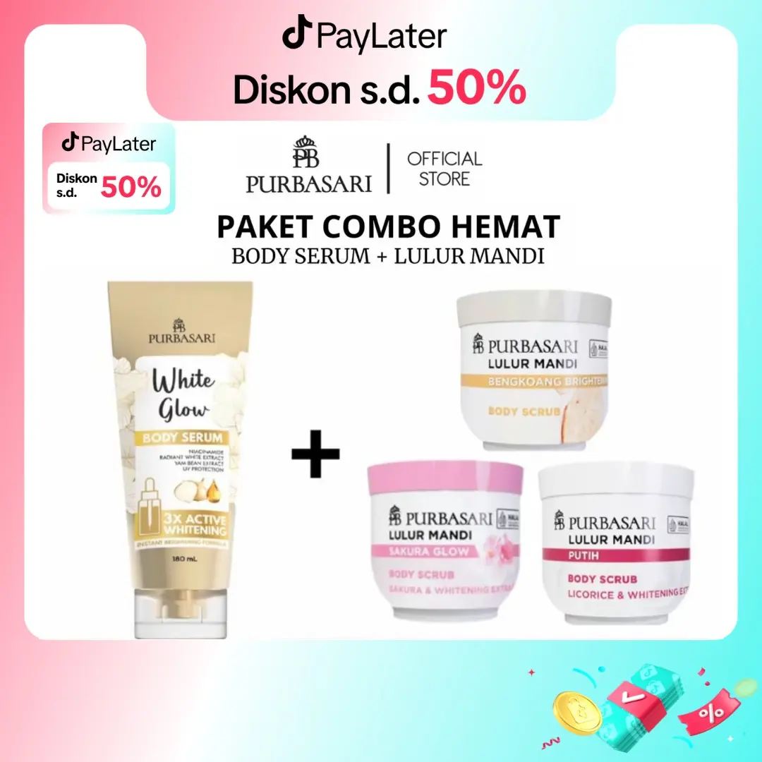 [PAKET COMBO HEMAT] PURBASARI Body Serum White Glow + Lulur Mandi Body Scrub 100 gr & 200 gr