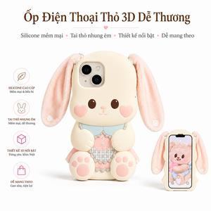 Ốp lưng thỏ trắng tai 3D kèm dây đeo cổ tay cho iPhone 17/16/15/14/13/12/11, kiểu dáng dễ thương, phụ kiện cầm tay tiện lợi dùng hằng ngày và làm quà tặng