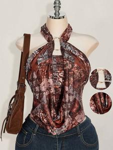 Top boho tipo halter para mujer, blusa sin mangas con estampado floral, ajustado, casual, ideal para vacaciones en la playa y fiestas, estilo vintage