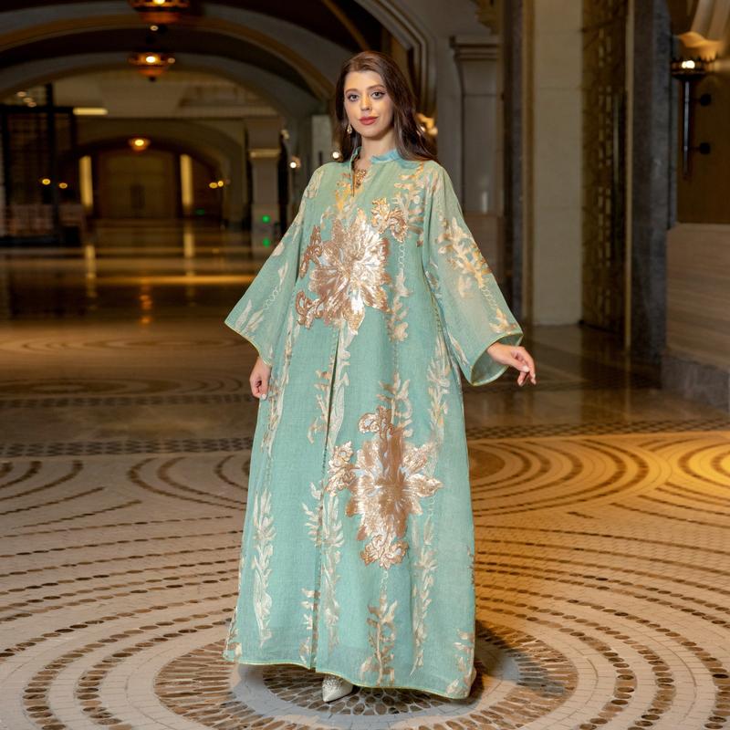Product Introduction of Baju raya Middle East Cross border Golden Pearl Embroidered Yarn Muslim Female Jalabiya Dubai Arab Abaya 1