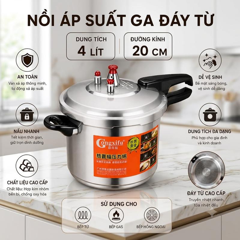 Nồi áp suất ga đáy từ Gongxifu dung tích 4L 20cm hợp kim nhôm sử dụng bếp hồng ngoại, bếp gas