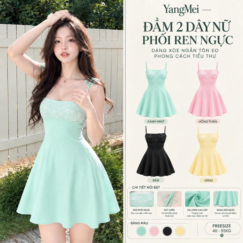 YangMei - YM06 Đầm 2 Dây Nữ Ngắn Phối Ren Ngực Dáng Xòe Xinh Xắn Phong Cách Hàn Quốc Size S-M Màu Xanh Nhạt Hồng Phấn Đen Vàng Nhạt
