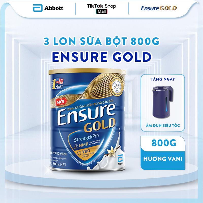 [TẶNG ẤM ĐUN NƯỚC MÀU TÍM ENSURE] COMBO 3 LON SỮA ENSURE GOLD DẠNG BỘT HƯƠNG VANI 800G