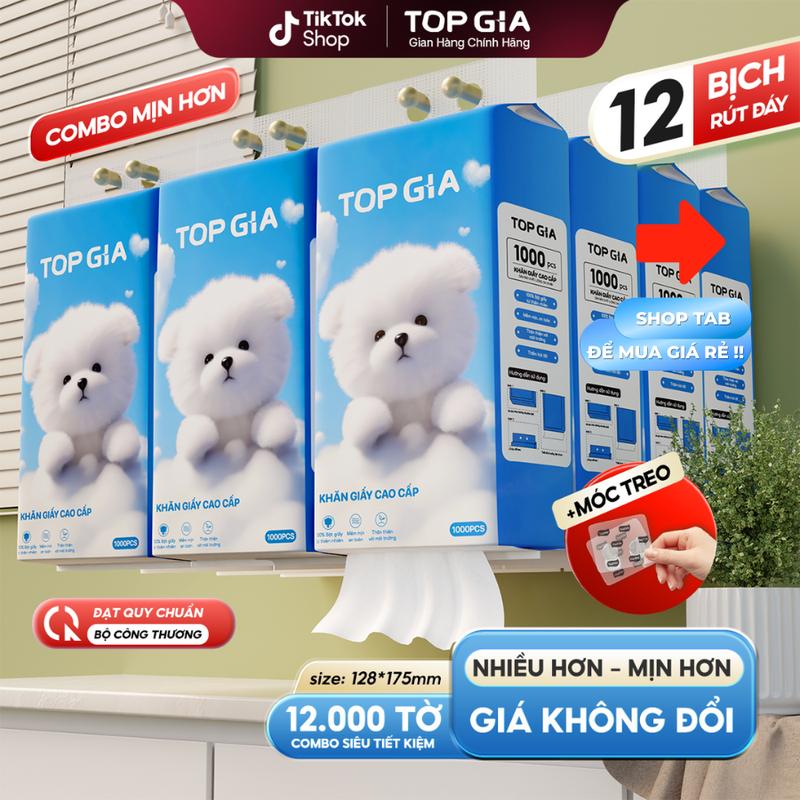 SALE - COMBO 12 BỊCH Thùng 12 bịch Khăn Giấy Rút Đáy GIA GIA TOPGIA 4 lớp mềm mịn 1000 tờ bịch làm từ bột gỗ tự nhiên an toàn ĐẠT QUY CHUẨN BỘ CÔNG THƯƠNG tặng kèm 6 móc treo tiện lợi vtg68 #topgia #giayrut #giaytopgia