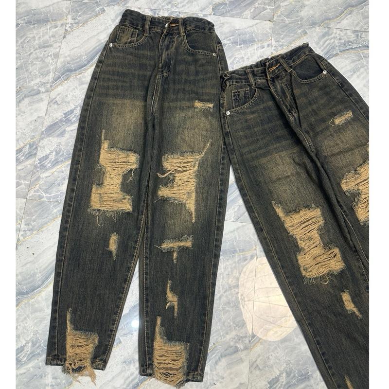 [426] Quần Baggy Jeans Cạp Cao Lưng Chun Màu Dơ Bụi Nhiều 2 Bên