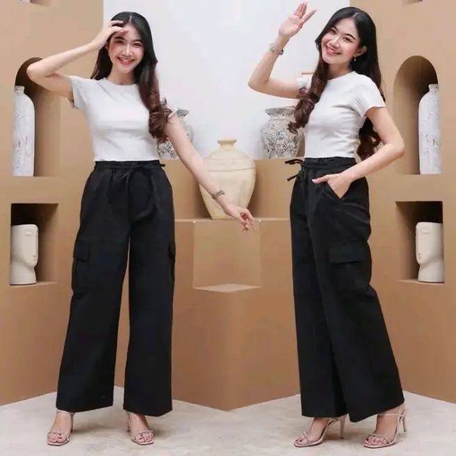 celana kulot cargo wanita Katun Linen Panjang Dewasa Kain Loose 1