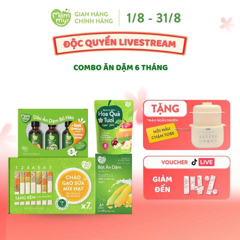 Combo Ăn Dặm MĂMMY: Set 3 Dầu Ăn Dặm 30ml (Cá Hồi, Hạt Lanh, Olive) + 7 Gói Gạo Mix Hạt 50gr + 1 Hộp Bột Bắp + 1 Gói Bánh Vị Hoa Quả Bổ Sung Vitamin Cho Bé Từ 6 Tháng [TB]