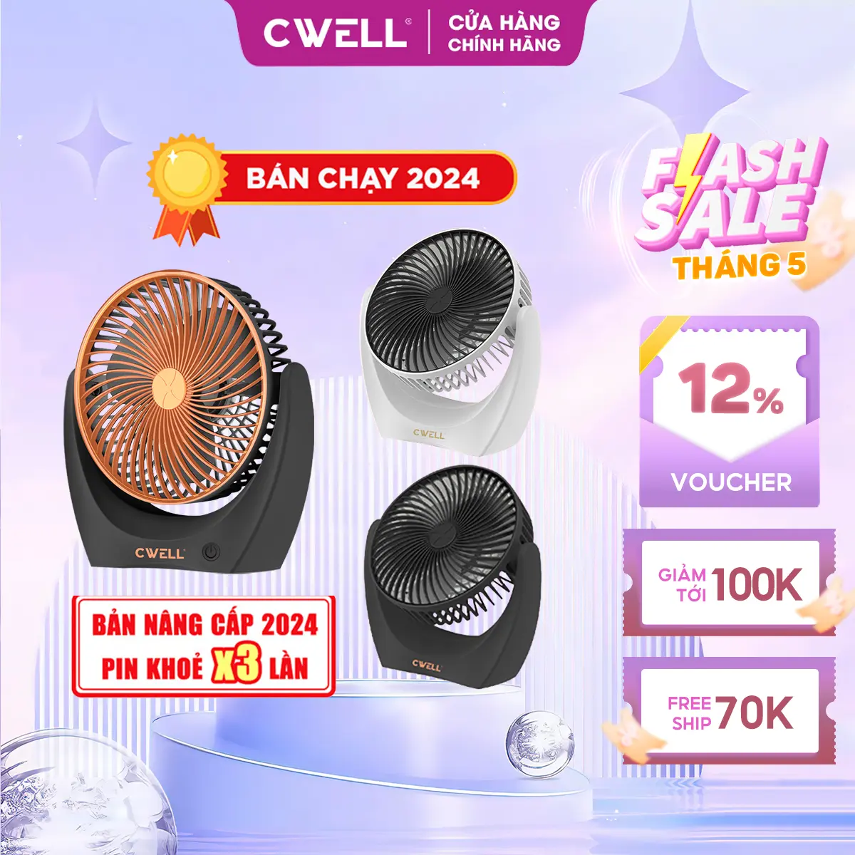 [MUA 3 GIẢM 20%] Quạt tích điện mini CWELL pin tới 10H, với 2-3 tốc độ gió mát, xoay linh hoạt 210 độ không tiếng ồn, để bàn văn phòng, mang đi chơi du lịch tiện dụng, sạc USB  - TẶNG DÂY SẠC - C201F