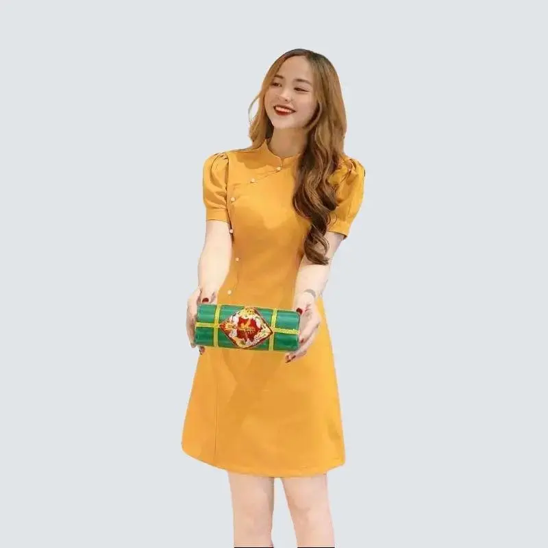 Đầm tết cổ tàu phối cườm màu đỏ hồng vàng dễ thương vải thun cotton lạnh Nữ Voan