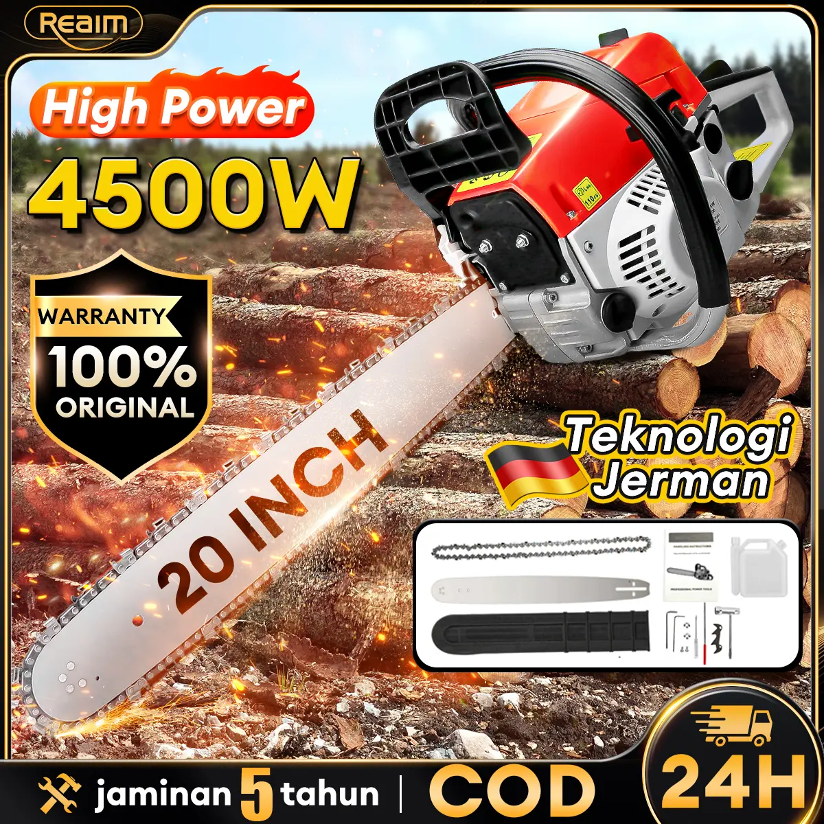 Mesin Potong Kayu 52CC 20inch Chainsaw 2Tak Untuk Gergaji Mesin Alat Outdoor Mesin Gergaji Kayu Gergaji Potong Pohon Kayu