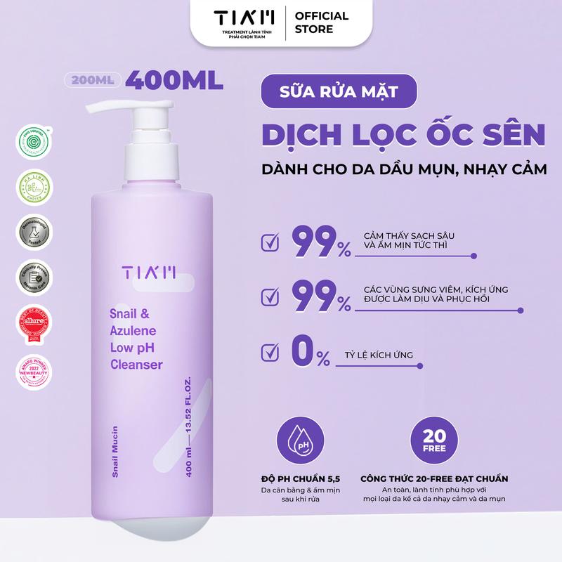 KOL - Sữa Rửa Mặt Tinh Chất Dịch Lọc Ốc Sên Làm Dịu Và Hỗ Trợ Phục Hồi Dành Cho Da Dầu Mụn, Nhạy Cảm TIA’M Snail & Azulene Low pH Cleanser 400ml