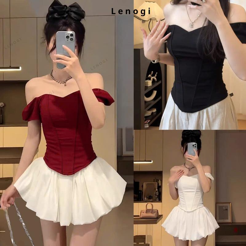 Áo thun nữ ngắn tay phồng Lenogi, Áo corset dáng ôm trễ vai vạt bầu phong cách sang chảnh B12