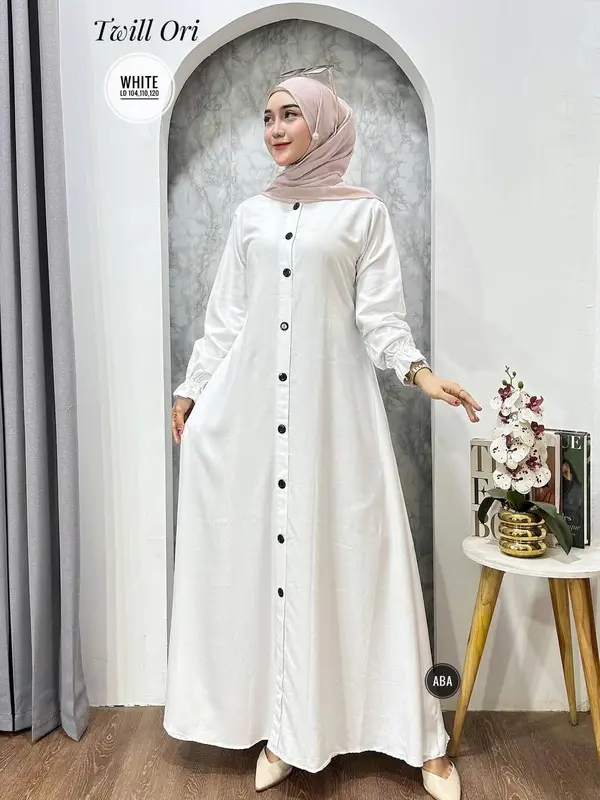 gamis polos twil ori dress panjang busui tali samping Muslim Twill Kancing Cantik Karet Wudhu Kain Lembut Tebal Kerah Motif Wanita Rayon Katun Mewah Baju Maxi 6