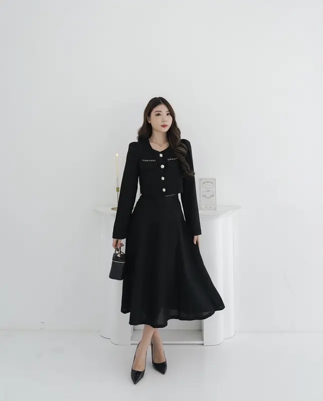 DOHEE TWEED ONE SET PREMIUM | SETELAN WANITA KOREAN STYLE LONGSLEEVE TOP AND MIDI SKIRT - OS381 6