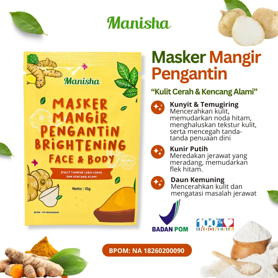 Masker Mangir Pengantin Brightening Manisha 10gr BPOM - Masker Pencerah Alami - Mencerahkan Kulit - Masker Rempah Jawa (Kemasan Baru)