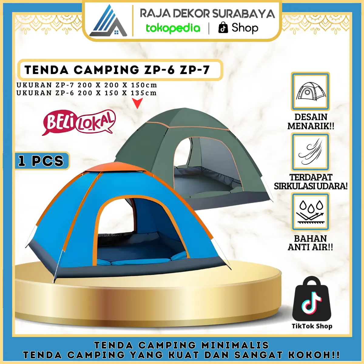 RajaDekor - Tenda Camping Lipat Ukuran 200 x 200cm x 150cm Tenda Gunung Mendaki Dome 2-3 Orang Dengan Alas Tenda Anti Air Bisa Cod Seluruh Indonesia