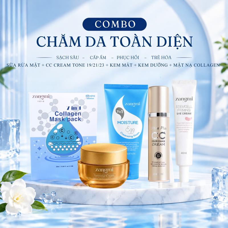 Combo chăm sóc da toàn diện Zangmi Sữa rửa mặt + CC Cream Tone 19/21/23 + Kem mắt + Kem dưỡng + Mặt nạ Collagen