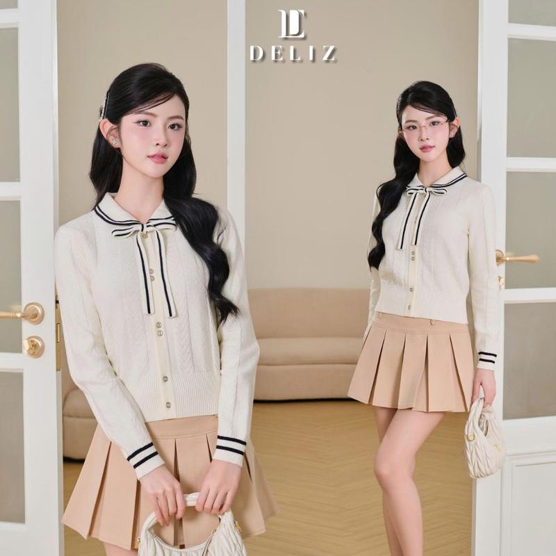 DELIZ PREMIUM - Áo cardigan cổ sen phối nơ tiểu thư dài tay cho nữ mùa thu đông CD851