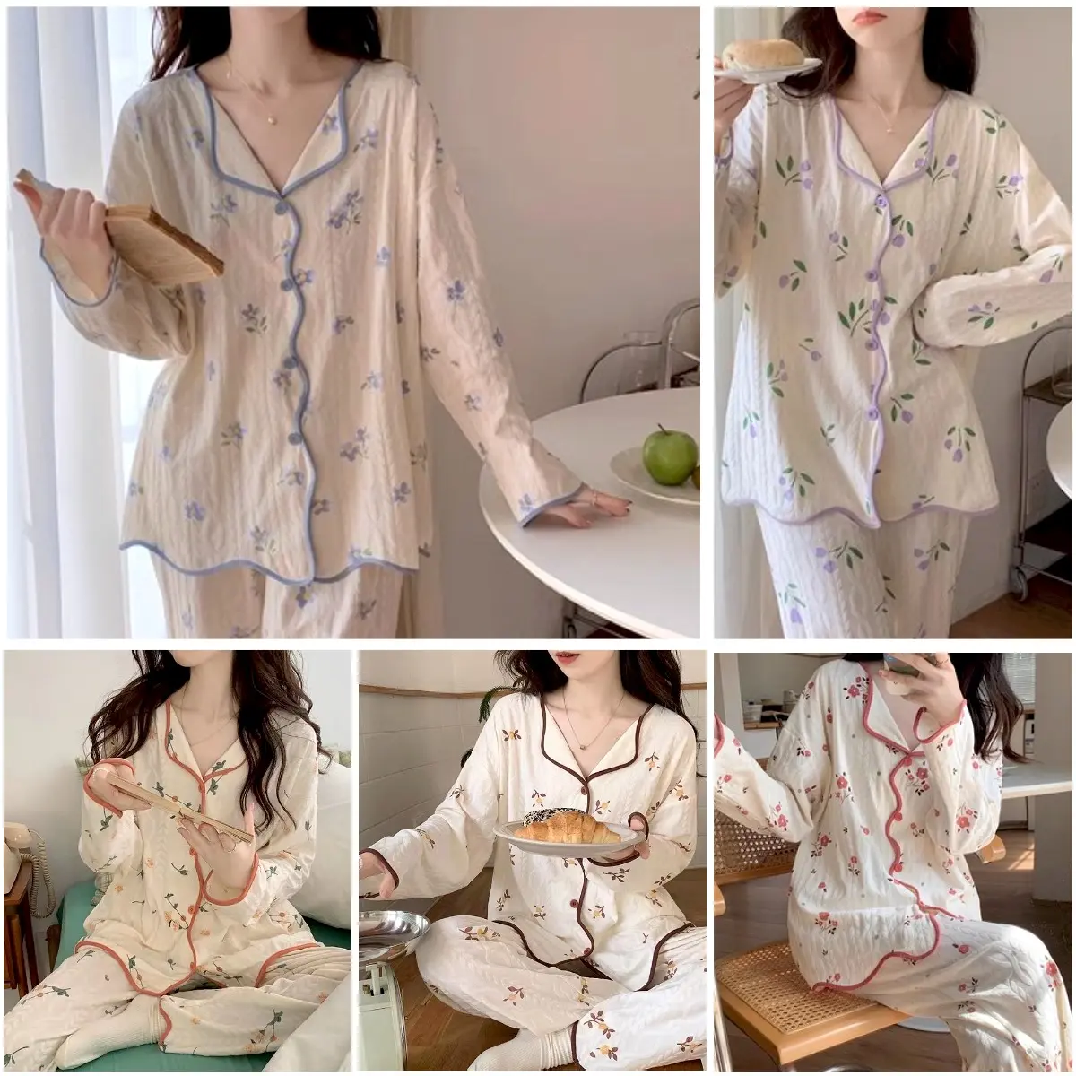 Piyama Baju Tidur Wanita Dewasa Lengan Panjang Celana Panjang Berkerah V Neck Manset Bergaris 4204