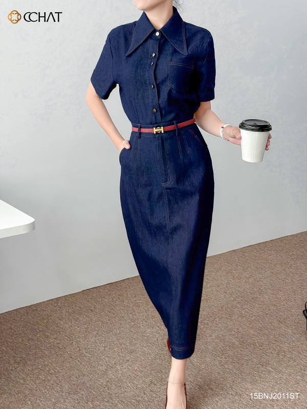 Bộ Đồ Nữ CCHAT Denim Trendy Áo Cài Khuy Túi Ốp Chân Váy Suông Túi Sườn Xẻ Tà Diễu Ly Trang Trí Chất Jeans 15BNJ2011ST
