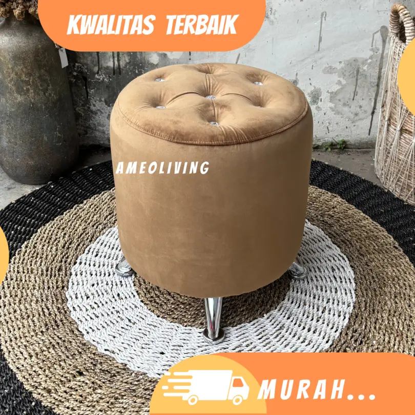 Stool Bulat Pajero D40cm Kancing Kristal - Stool Kaki Stainless - Stool Murah - Stool Dewasa - Kursi Bulat - Stool Sofa - Stool Kayu -  Stool Jogja - Stool Chair