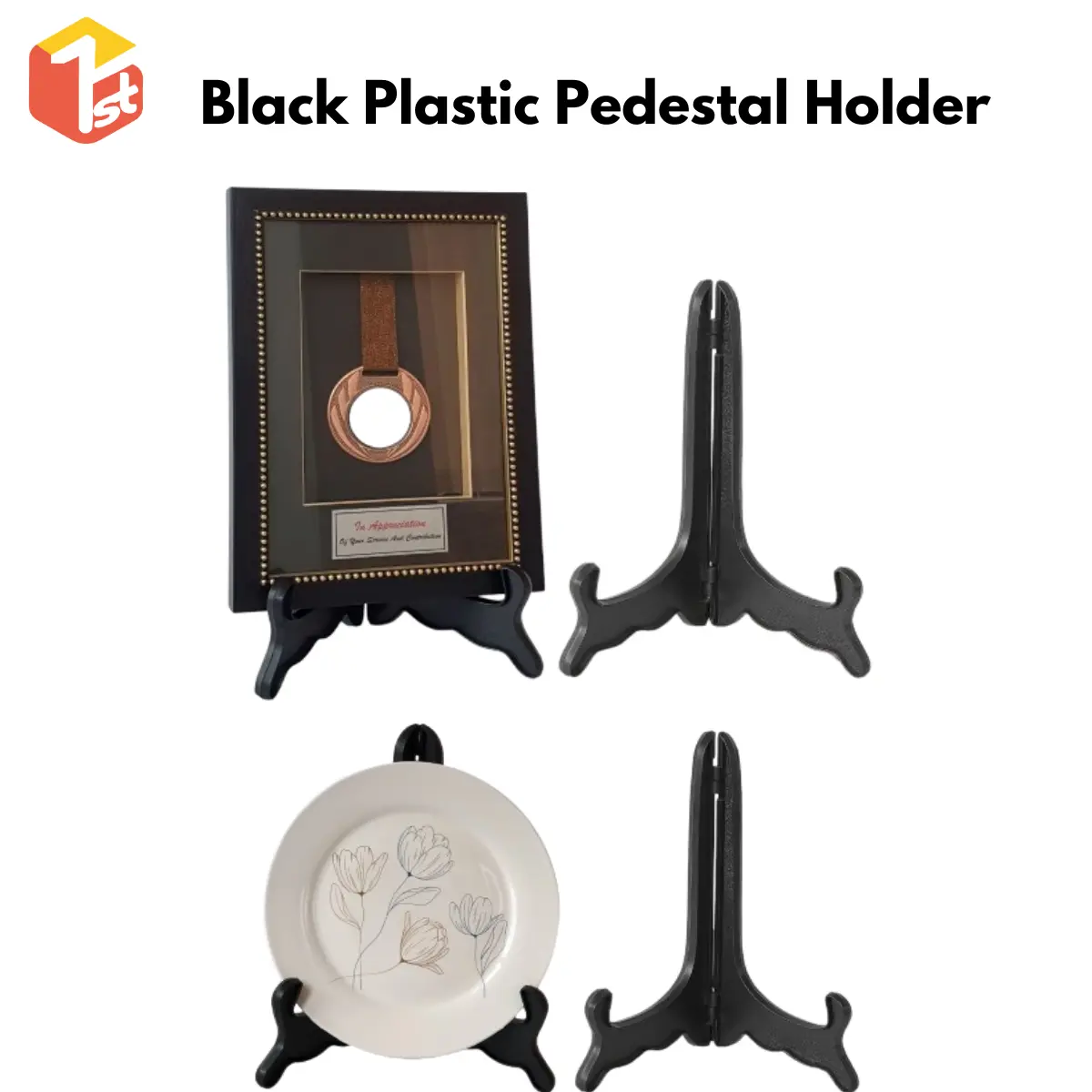 Black Plastic Pedestal Holder, Frame Stand, Cenderahati Stand, Easel Display Stand, And Display Stand (3"-12")