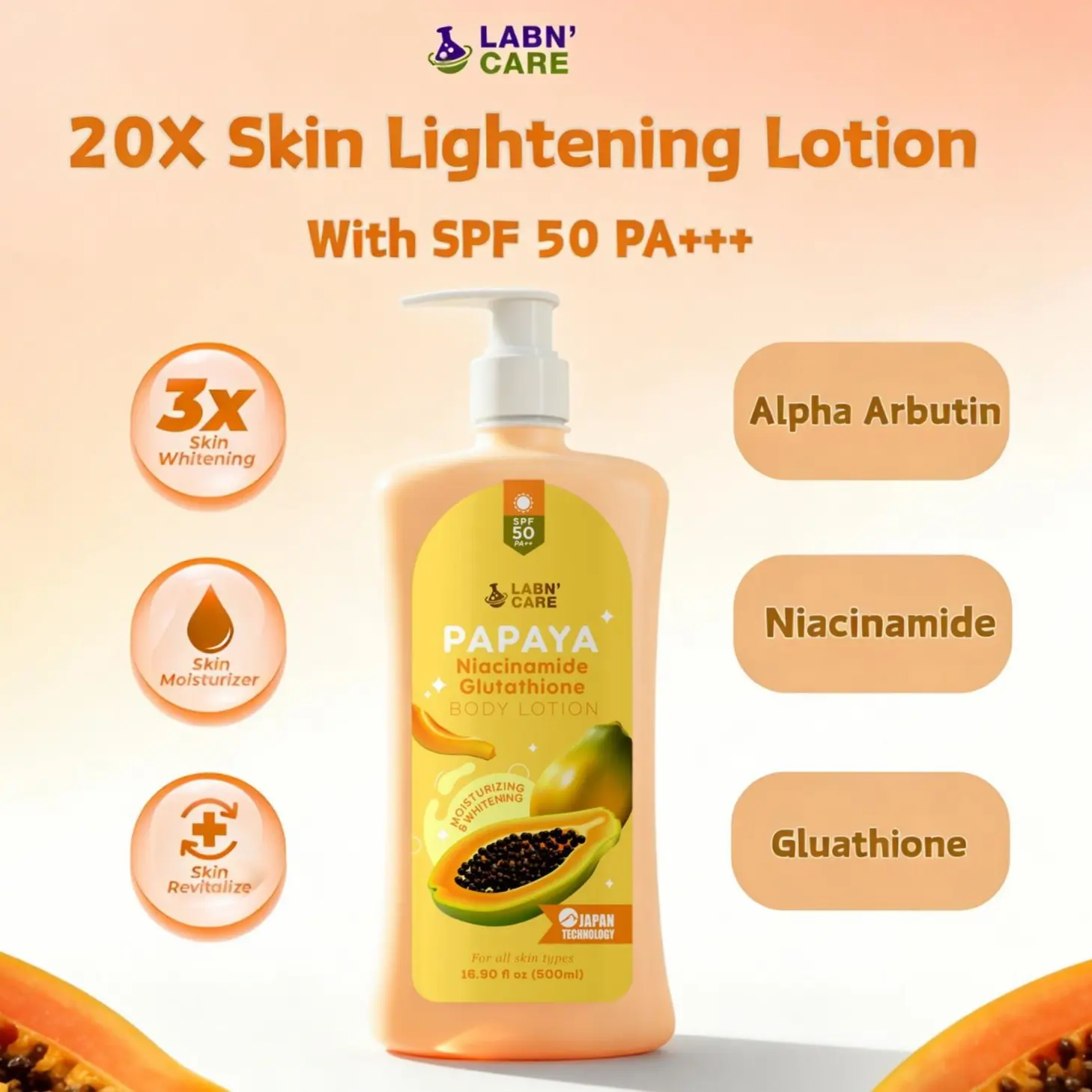 LABN'CARE PAPAYA Glutathione & Niacinamide Body Lotion SPF 50 PA++  Moisturizing Brightening Papaya Scent for Acne Discoloration Lightening  Daily Use - TikTok Shop Philippines