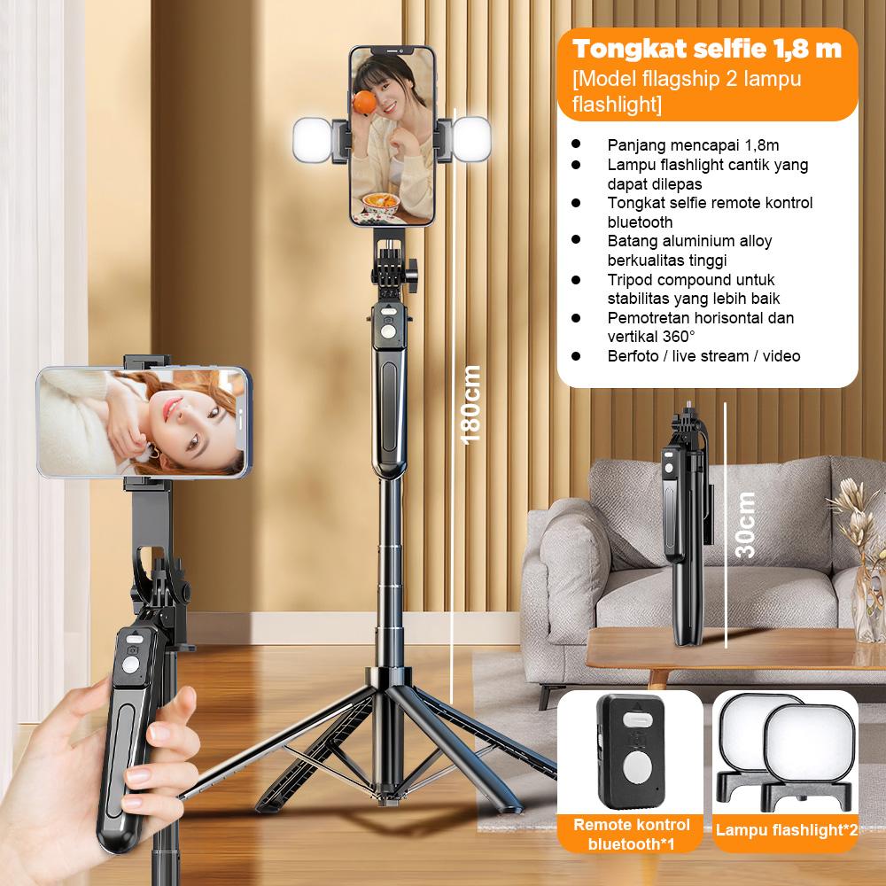 NEXID A17 4in1 Tongsis Tripod Bluetooth 1.8m dengan 4 Kaki Stainless Steel Fill Light & Remote Control 10M Cocok untuk Handphone Kamera S30