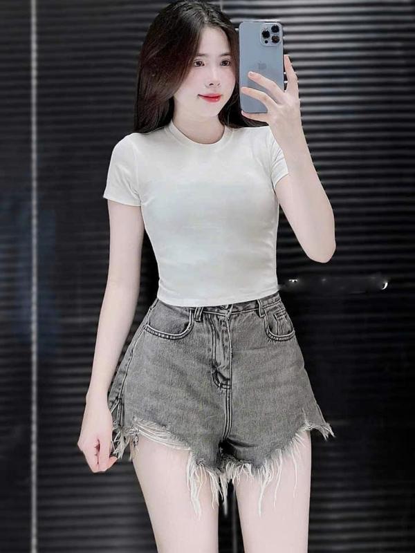  Áo thun crop top tay ngắn chất borip  mềm mịn mặc mát Cổ Tròn Nữ Women Voi 