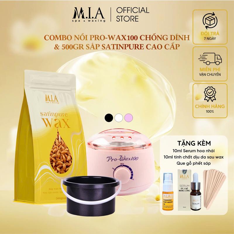 Tặng Serum Hoa Nhài + Dung Dịch Sạch Da + Que Gỗ - Combo Nồi Nấu Sáp Pro 100 Chống Dính & Túi 100gr Sáp SATINPURE CAO CẤP Chuyên Biệt Cho Da Nhạy Cảm Và Vùng Nhạy Cảm - M.I.A WAXING