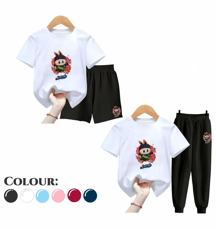 Baju Setelan Anak UNISEX - Pakaian Kaos dan Celana Fashion Anak Laki Laki dan Perempuan Usia 5-15 Tahun - Motif SKATEBOARD LABUBU Maroon 4