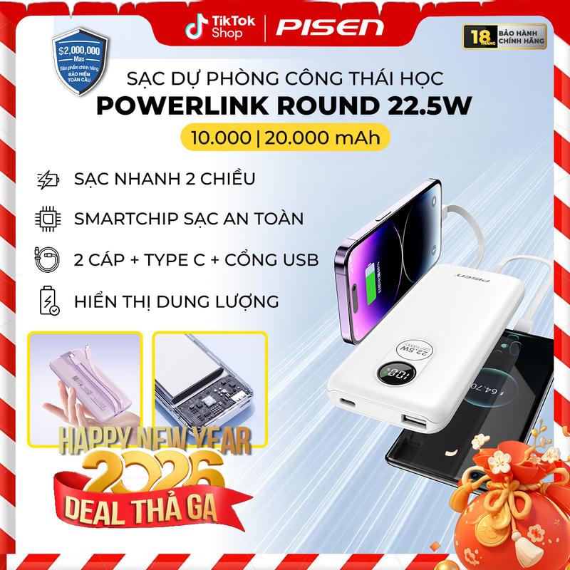 PISEN Sạc Dự Phòng Sạc Nhanh 22.5W | POWERLink Round 22.5W 10.000mAh 20.000mAh |Sạc Nhanh Đa Chuẩn PD+QC 3 Cổng | TP-D070 | TP-D069 | Thiết Kế Tròn Nhỏ Gọn | Tương Thích Mọi Thiết Bị | Bảo Hành 18 Tháng + Bảo Hiểm 46 Tỷ VNĐ