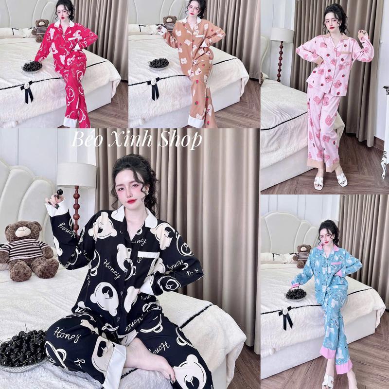 Đồ Bộ - Đồ Ngủ Tay Dài Quần Dài Vải Lụa Nhật Pijama Bigsize 50-100kg Bộ Ngủ Nữ Áo Ngủ Women Quần Ngủ - A.5639
