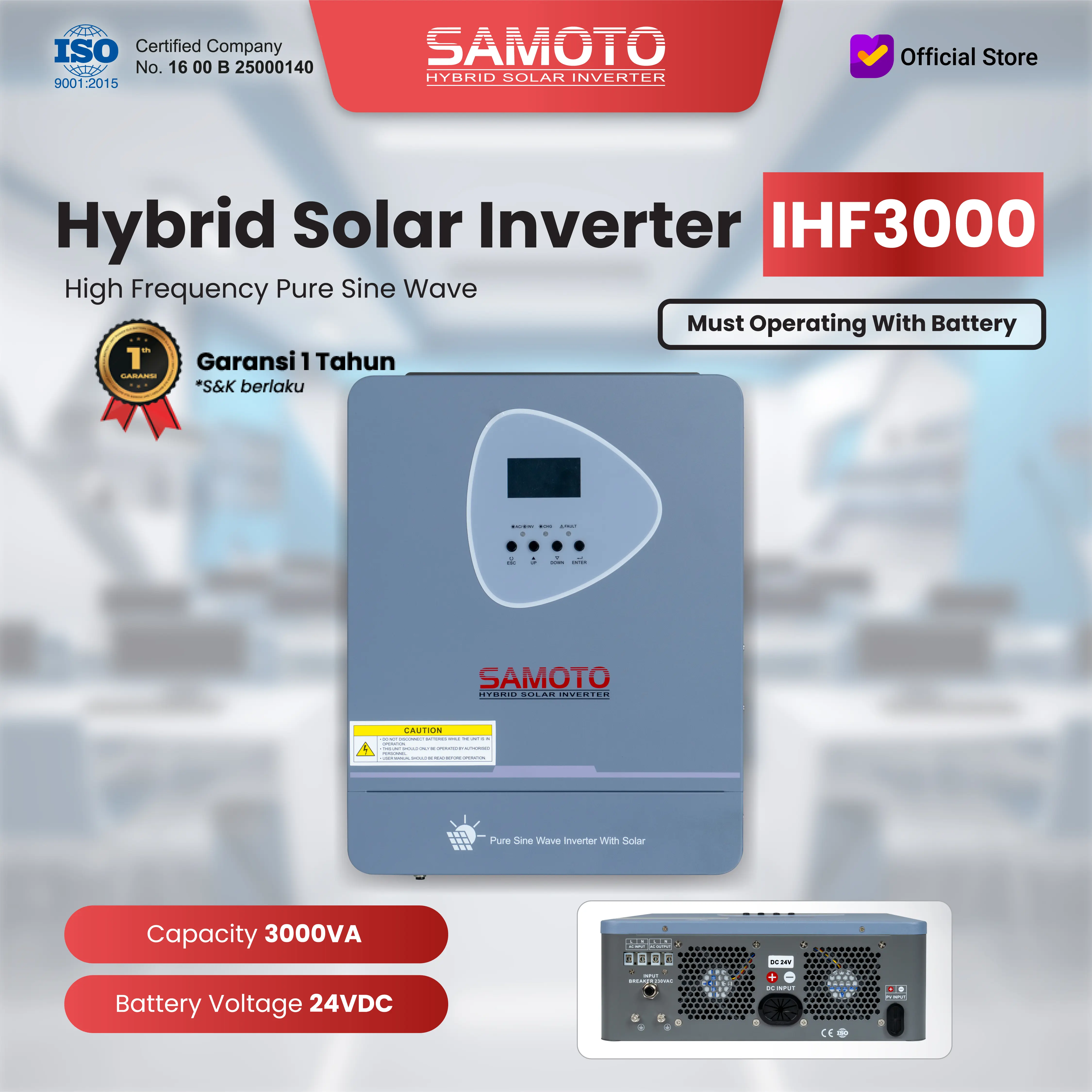 Samoto Hybrid Solar Inverter Pure Sine Wave High Frequency 3000W MPPT Sistem Battery 24V 3000VA Solar Panel Charger Controller IHF3000
