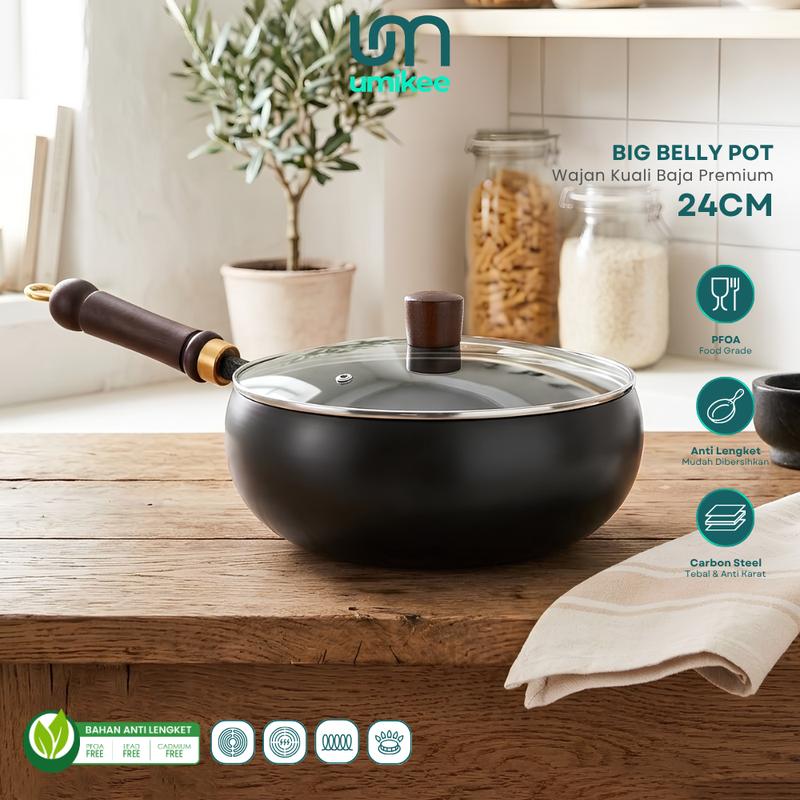 UMIKEE Big Belly Pot 24cm Panci Wajan Besi Anti Lengket Tanpa Coating Gagang Kayu Klasik Kapasitas Besar