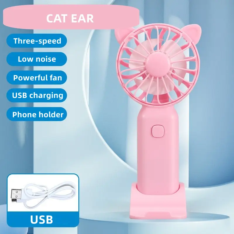 Kipas Kecil Mini USB Isi Ulang Penggunaan Dalam Ruangan COD Plastik Kartun Mahasiswa Portabel Bisu Genggam Telinga Kucing Angin 4