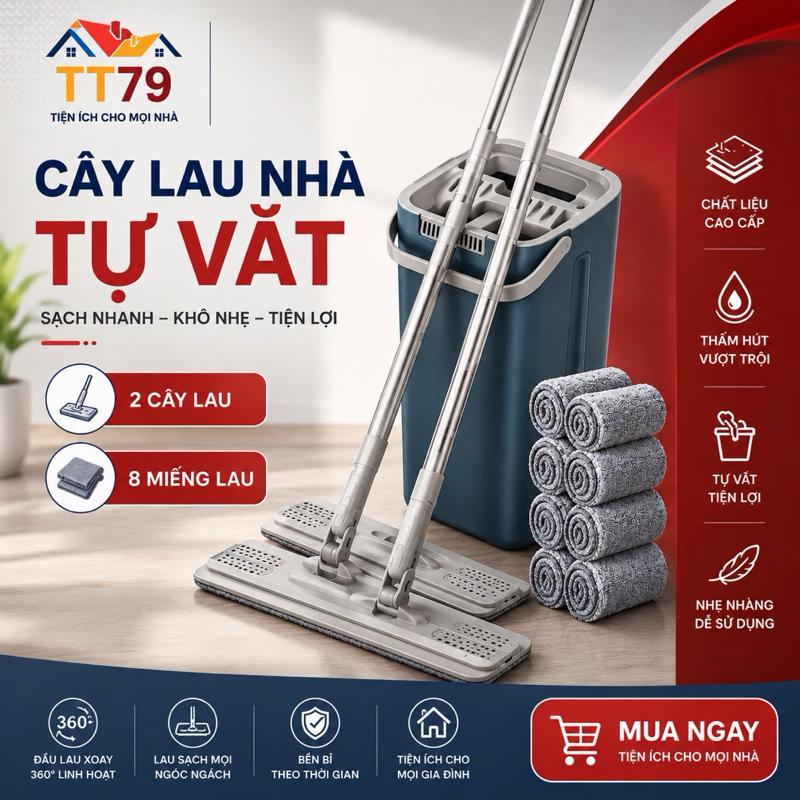 Bộ Lau Nhà Thông Minh 360 Độ 2 Cây Lau Và 8 Bông Tự Vắt Cây Lau Nhà Làm Sạch