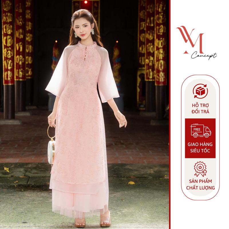  YM Concept Set Áo Dài Tơ Thêu Kim Tuyến Phối Nút Ngọc Phối Cùng Chân Váy Lưới - Dáng Suông Nhẹ Thêu Tỉ Mỉ Tôn Dáng Nữ Tính AD1485 