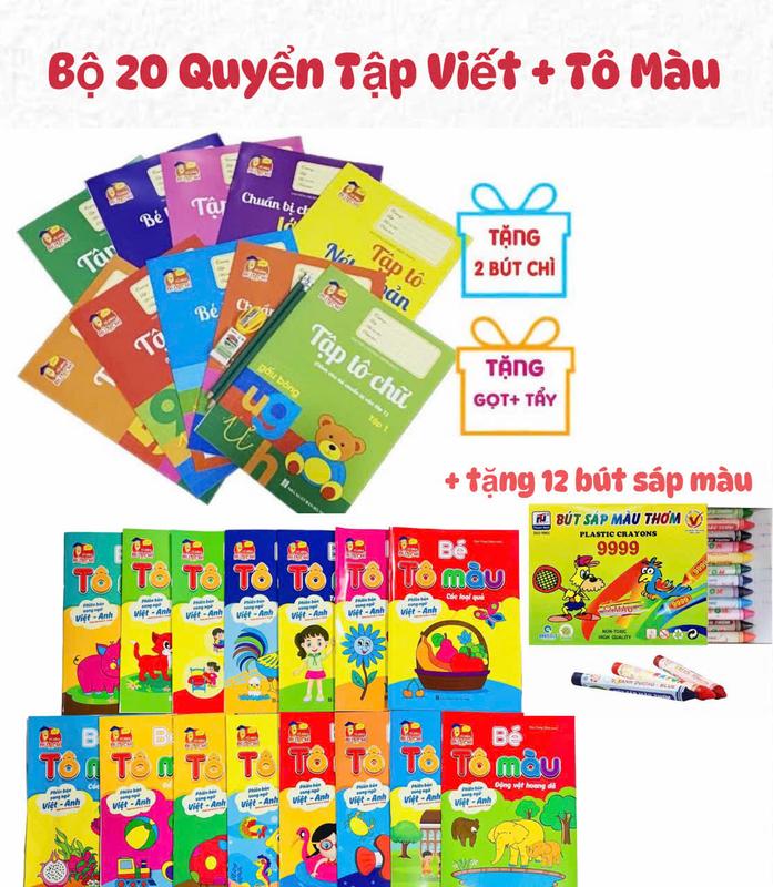  Bộ 20 Quyển GỒM 10 Quyển Vở Luyện Viết Tập Tô Chữ Tô Số Và Bộ 10 Cuốn Tô Màu Cho Bé Từ 3-5 Tuổi TẶNG 2 bút chì+1 gọt+1 tẩy và hộp 12 bút sáp màu 