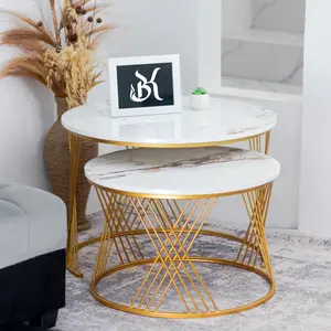 Berkah - Nesting Table Lunar Meja Ruang Tamu Minimalis 1pcs dan 1set Industrial HPL Motif Marmer - Besi Gold (X)