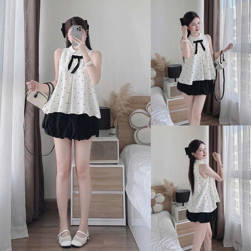  Set Váy Áo Yếm Cổ Lọ Chấm Bi Kết Nơ Xinh Xắn Kèm Chân Váy Dáng Bí Có Lót Quần Sang Chảnh Cho Nữ 