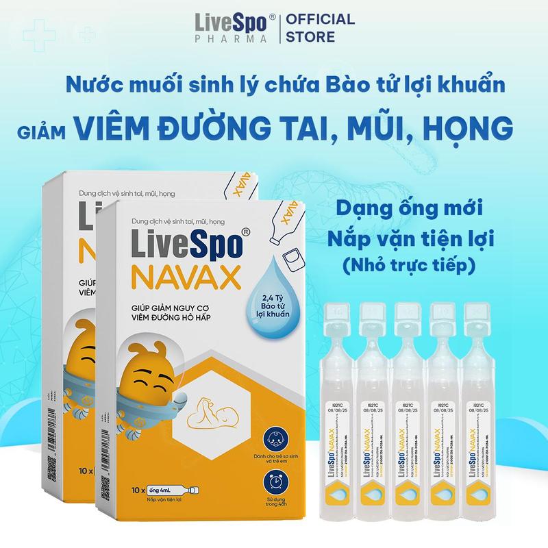 2 hộp LiveSpo NAVAX cho trẻ em và sơ sinh - Nước muối sinh lý chứa 2,4 tỷ Bào tử lợi khuẩn, NHỎ HÀNG NGÀY giúp giảm nguy cơ viêm đường hô hấp (Hộp 10 ống x 4m) + tặng 1 bàn chải viên hô hấp ở bé