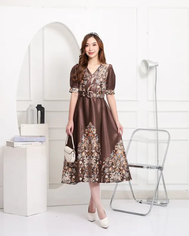 Emma.Butik E00195 Gaun Pesta Wanita Turkish Mewah Glamor Dress Natal Gereja Elegan Formal Pesta Motif Bunga V neck Cantik Kondangan 2