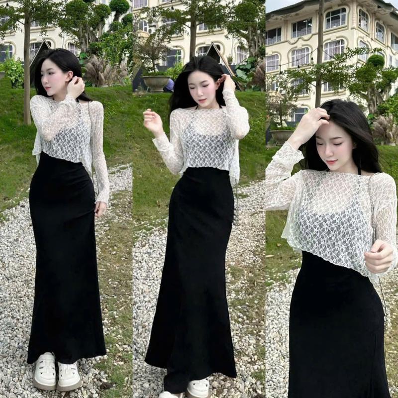 S985 (TÁO ĐỎ BIGSIZE 55-90KG) SET 2 MÓN BIGSIZE ĐẦM ĐEN CỔ YẾM + ÁO KHOÁC LƯỚI