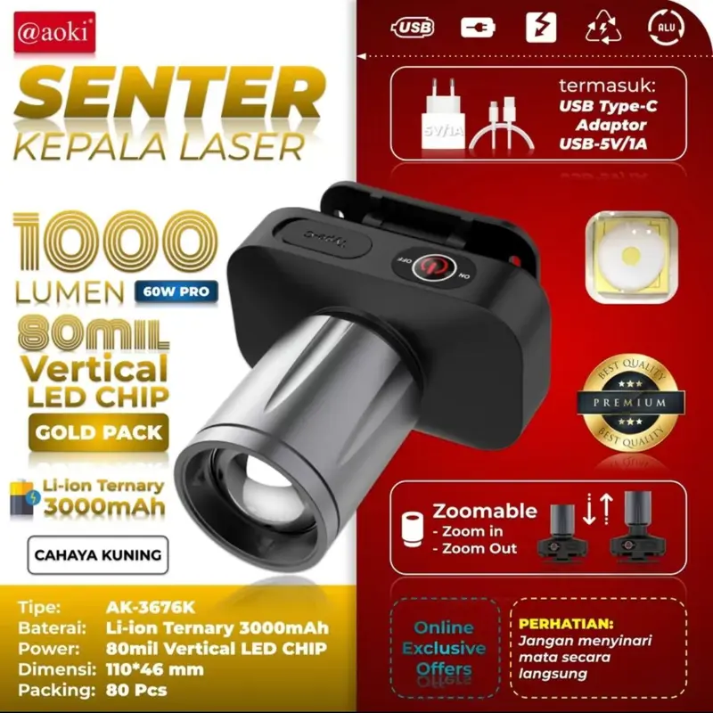 AOKI Lampu Senter Kepala LED Zoom Aoki AK-3675A 60W dengan Cahaya Maksimal 1000 Lumen dan RechaargerPro 1