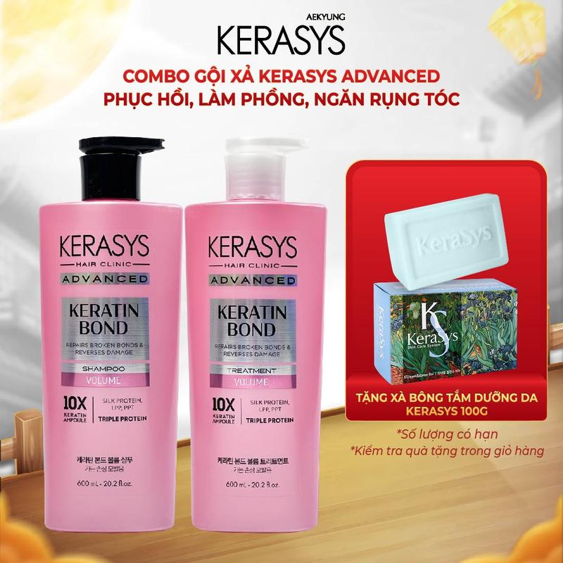 Cặp dầu gội xả Kerasys Advanced Keratin Bond Hàn Quốc phục hồi chuyên sâu tóc hư tổn, làm phồng tóc và hỗ trợ ngăn ngừa rụng tóc