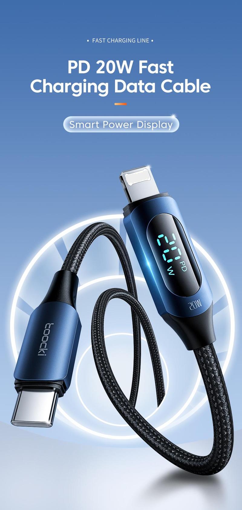 Product Introduction of Toocki Type C to Lightning Cable 20W PD Fast Charging Cable LED Digital Display USB C Cable 480Mbps Transmission Data Cord For iPhone 13 12 11 Pro Max XS X 8 Plus Charger 7