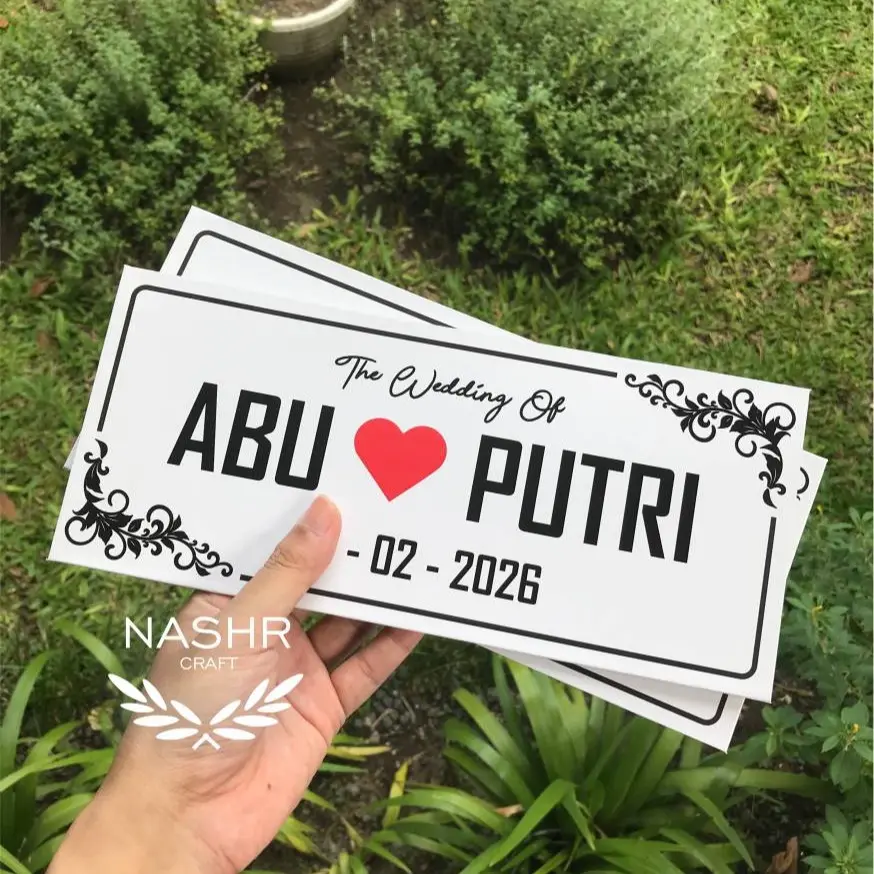 ( DAPAT 2 PCS ) Papan Motor & Mobil Pengantin Versi Motif BISA CUSTOM, HARGA SUDAH DAPAT 2 PCS Plat Wedding Bahan Karton