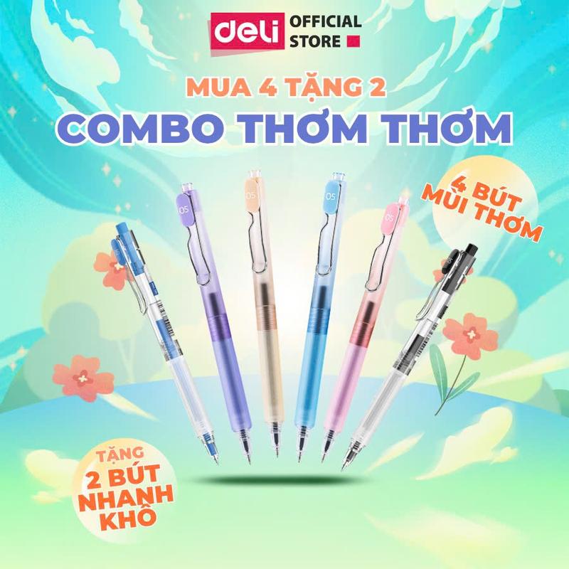 MUA 4 TẶNG 2 Combo Thơm Thơm 4 bút mực thơm Deli EG299 tặng 2 bút khô nhanh mix 4 mùi khác nhau có đệm tay ngòi 0.5mm dùng cho học sinh nhân viên văn phòng